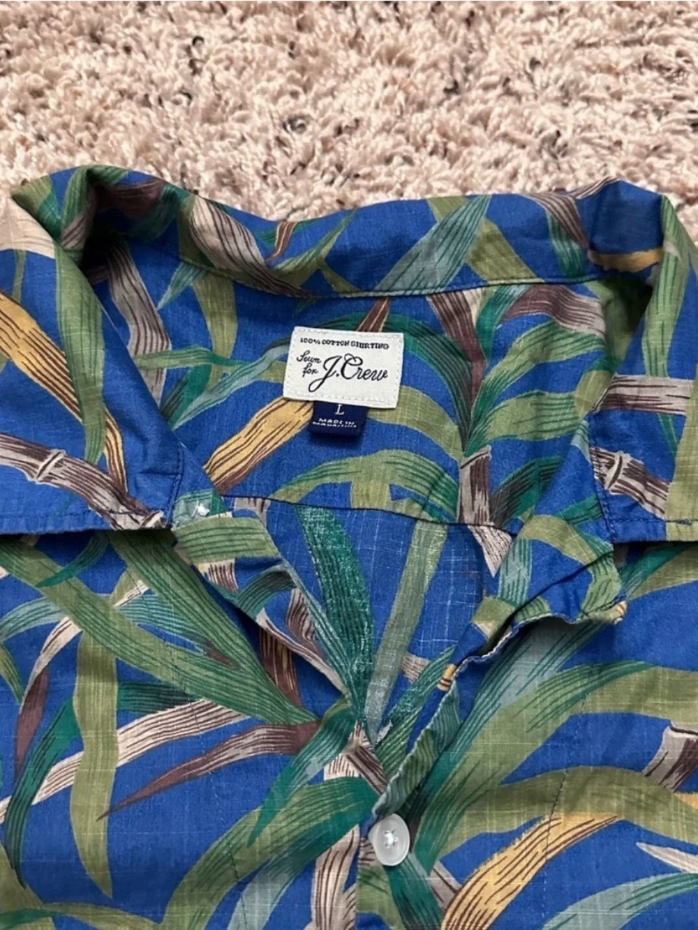 J. Crew Blue Bamboo Hawaiian Shirt Short Sleeve Button Down Cotton Men’s Size XL